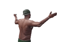 a man without a shirt is wearing a green hat that says san andreas