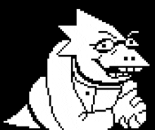 a black and white pixel art drawing of a dragon with glasses on .