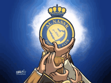 a cartoon of a group of hands holding a al nassr football club logo