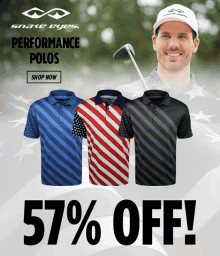 an advertisement for snake eyes performance polos with a man holding a golf club in the background