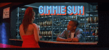 a woman in a red dress talks to a man in a roller skate store under a sign that says gimme sum