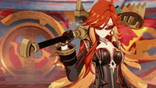 a woman with red hair is holding a sword and a crown