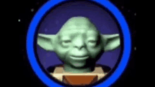 a picture of yoda in a blue circle on a black background .