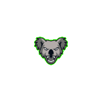 an angry koala bear with green ears and a white background