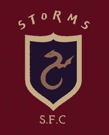 a logo for storms s.f.c. with a blue shield