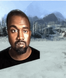 a man with a beard in front of a snowy mountain