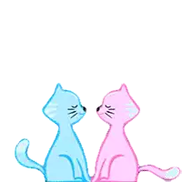 a blue and pink cat holding hands with hearts above them