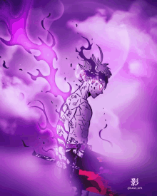 a purple background with a drawing of a man with a sword in his hand