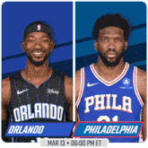 a flyer for a basketball game between orlando and philadelphia on march 13