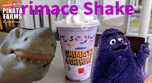 a picture of a shark next to a picture of a grimace birthday shake