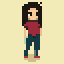 a pixel art illustration of a girl with long hair wearing a red shirt and blue jeans .