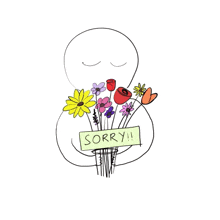 a drawing of a person holding a bouquet of flowers and a sign that says sorry .