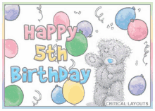 a teddy bear is surrounded by balloons and the words happy 5th birthday