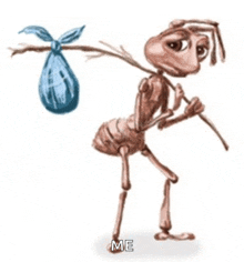 a cartoon ant is carrying a bag on its back