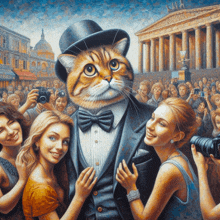 a painting of a cat wearing a top hat and a bow tie