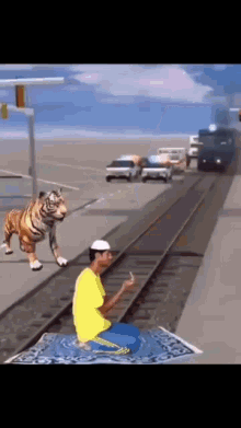 a man in a yellow shirt is kneeling on a carpet next to a stuffed tiger on a train track .