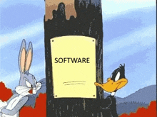 bugs bunny and daffy duck are looking at a sign that says software on it