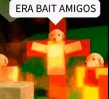 a cross with a dog on it and a speech bubble saying `` era bait amigos '' .