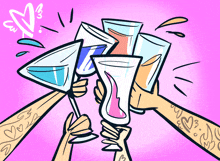 a cartoon drawing of a group of people toasting with glasses of alcohol