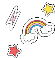 a rainbow , clouds , stars , and a lightning bolt are among the stickers .