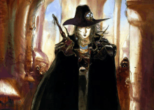 a painting of a man in a black cape and hat with a clock on it