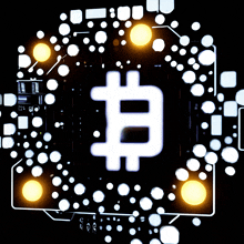 a bitcoin symbol is surrounded by white circles and yellow lights