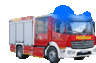 a red and white fire truck with blue lights on it is driving on a white background .