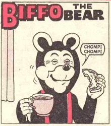 a black and white cartoon of a bear holding a cup of coffee and a piece of bread .