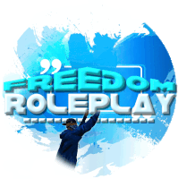 a man stands in front of a blue background that says " freedom roleplay "