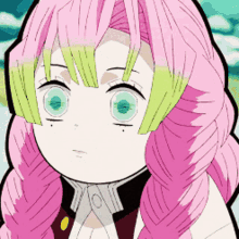 a girl with pink hair and green eyes is making a funny face .