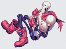 a drawing of a skeleton wearing red boots and a scarf with the number 11 on it