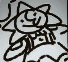 a black and white drawing of a cat with a hat