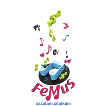 a logo for femus with music notes coming out of the top