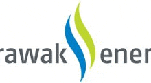 the logo for rawak ener is a blue and green swirl with a flame coming out of it .