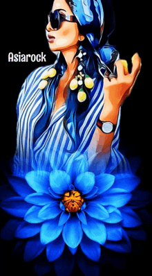 a painting of a woman with a blue flower and the words asiarock