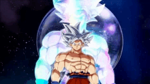 a cartoon of a muscular man standing in front of a glowing ball .