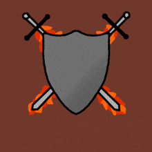 a cartoon drawing of a shield with two crossed swords on it