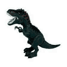 a toy dinosaur with a light and sound effect is standing on a white surface .