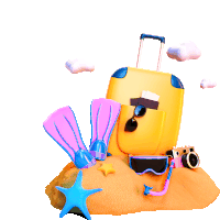 a yellow suitcase is sitting on top of a pile of sand with flippers goggles and a camera