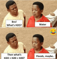 two people are standing next to each other and one of them says bro what 's h20