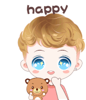 a cartoon of a boy holding a teddy bear and the word happy above him