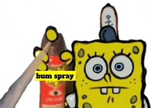 spongebob is holding a bottle of bum spray in his hand