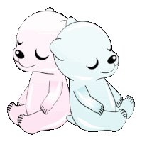 a pink and a blue bear are sitting back to back with their eyes closed