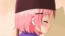 a girl with pink hair and a black hat