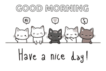 a group of cats standing next to each other with the words " good morning have a nice day "