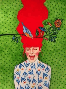 a woman with red hair and a bird on her head .