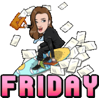 a cartoon of a woman sitting on a surfboard with the word friday written below her