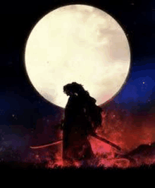 a samurai is standing in front of a full moon in a field .