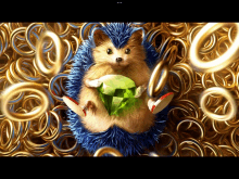 a painting of a hedgehog holding a green emerald