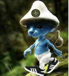 a blue smurf wearing a white mushroom hat and adidas shoes